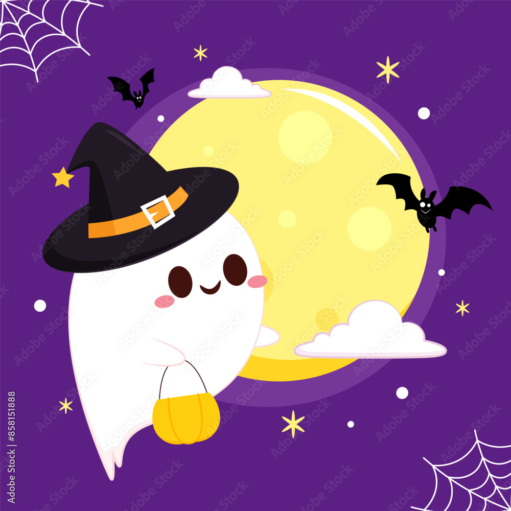Fototapeta premium Cute ghost floating with Halloween pumpkin basket for Trick or Treat. Funny spooky boo character. Spook phantom with happy smiling face expression. Isolated kids flat vector illustration.