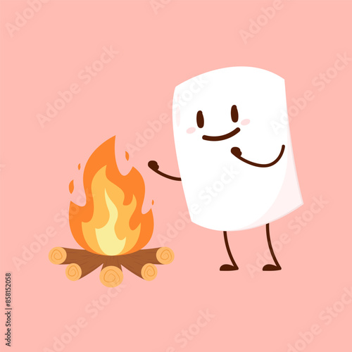 Marshmallow character. Marshmallow piece on skewer roasting on forest bonfire. bonfire vector. Marshmallow cartoon vector. 