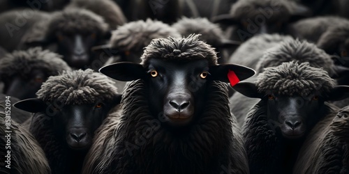 Daring Contrast Unique Black Sheep Stands Out with Individuality and Leadership. Concept Individuality, Leadership, Standing Out, Black Sheep, Daring Contrast photo