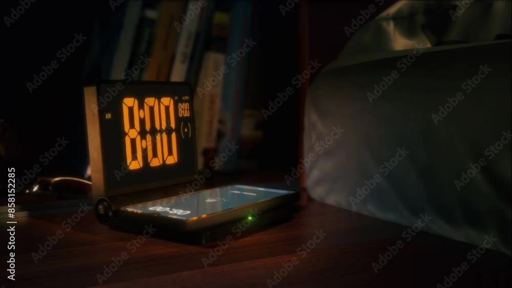 Digital alarm clock with phone charger and orange clockface is waking up at 8 AM. The numbers on the clock screen changes from 7:59 no 8:00 AM. And the alarm goes off on the phone that is charging.