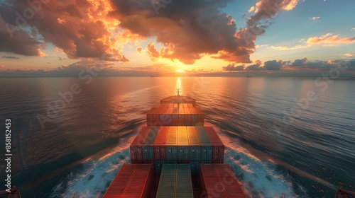 A cargo ship is sailing on the sea, with containers stacked high and a sunset in the background. creating an immersive experience for viewers to feel like they were there themselves.
