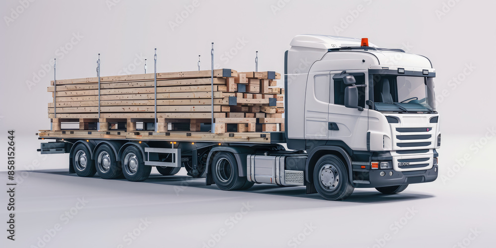 White semi truck transporting lumber on a flatbed trailer White semi truck transporting lumber on a flatbed trailer