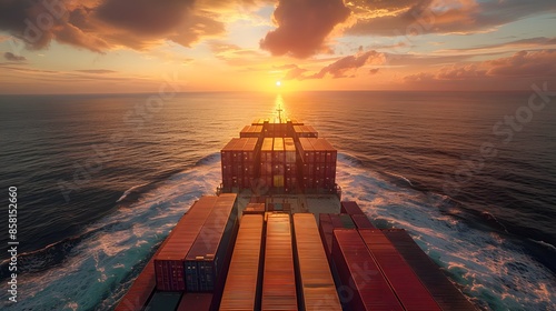 A cargo ship is sailing on the sea, with containers stacked high and a sunset in the background. creating an immersive experience for viewers to feel like they were there themselves.