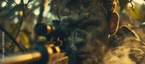 Portrait of a male sniper with rifle in battle field