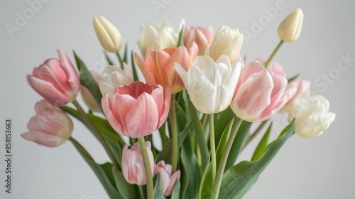 Bouquet of tulips in pink white and salmon colors on a white backdrop Celebrating holidays and women