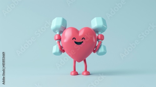 Artistical illustration of cute cartoon strong human heart doing physical exercise training sports