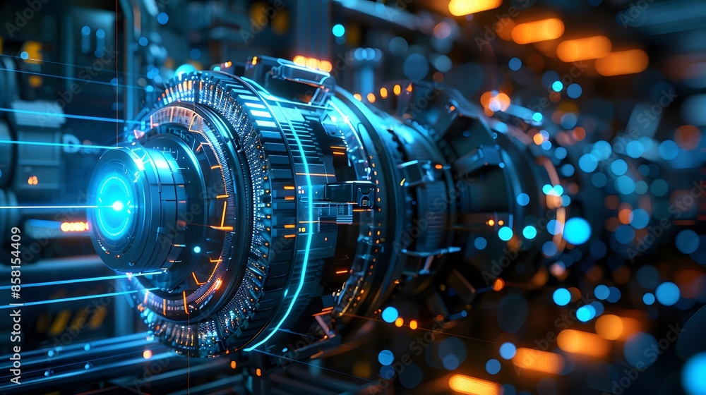 A digital illustration of an electric motor with gears and blue holographic lines, the power grid's integration into smart grids technology for energy storage systems in the background. A digital illustration of an electric motor with gears and blue holographic lines, the power grid's integration into smart grids technology for energy storage systems in the background.
