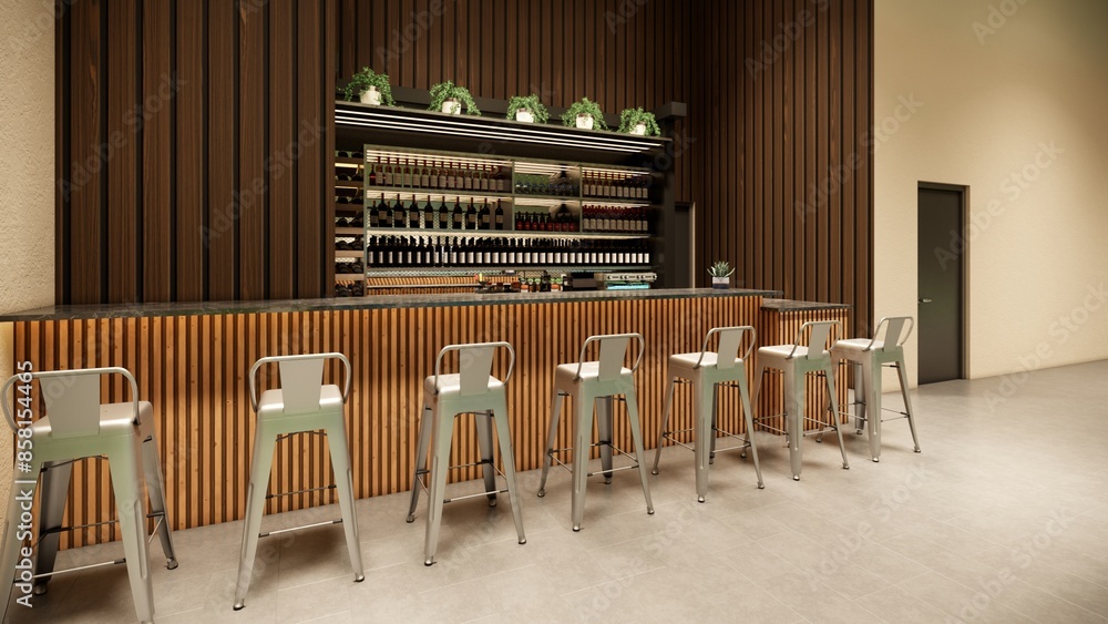 front view wooden bar counter with chairs with a variety of liquor bottles front view wooden bar counter with chairs with a variety of liquor bottles