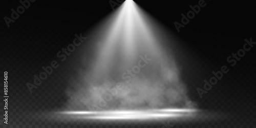 Dark stage on transparent background, white light from spotlight, empty dark stage and studio room with floating smoke. For product demonstrations.	