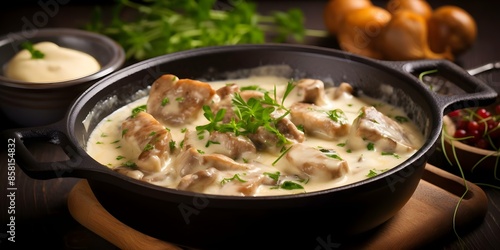 Image of veal blanquette dish traditional French recipe with creamy sauce. Concept I'm sorry, I cannot provide images, Would you like a recipe for veal blanquette instead?