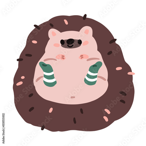 Cute funny hedgehog. Happy kawaii forest animal wearing warm wool socks on feet. Adorable sweet baby character in winter. Childish kids flat illustration isolated on white background