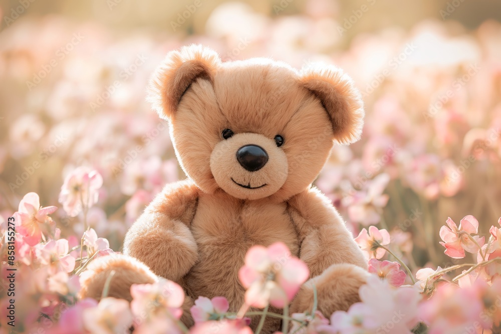 A plush teddy bear sits among delicate pink flowers, creating a nostalgic and heartwarming scene that evokes feelings of comfort and childhood. A plush teddy bear sits among delicate pink flowers, creating a nostalgic and heartwarming scene that evokes feelings of comfort and childhood.