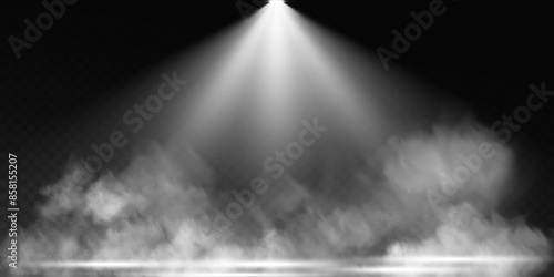 Dark stage on transparent background, white light from spotlight, empty dark stage and studio room with floating smoke. For product demonstrations.	