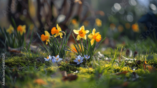 Daffodils and crocuses emerging in early spring