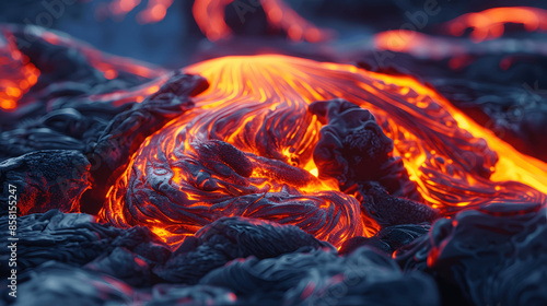 Molten lava flowing over rocks with vivid colors