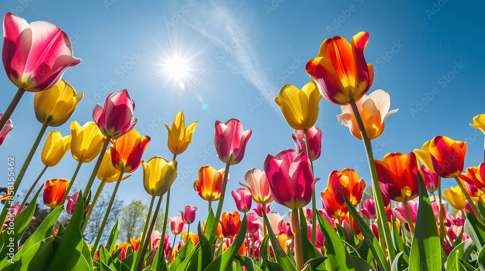 Fototapeta premium Field of tulips in full bloom with blue sky