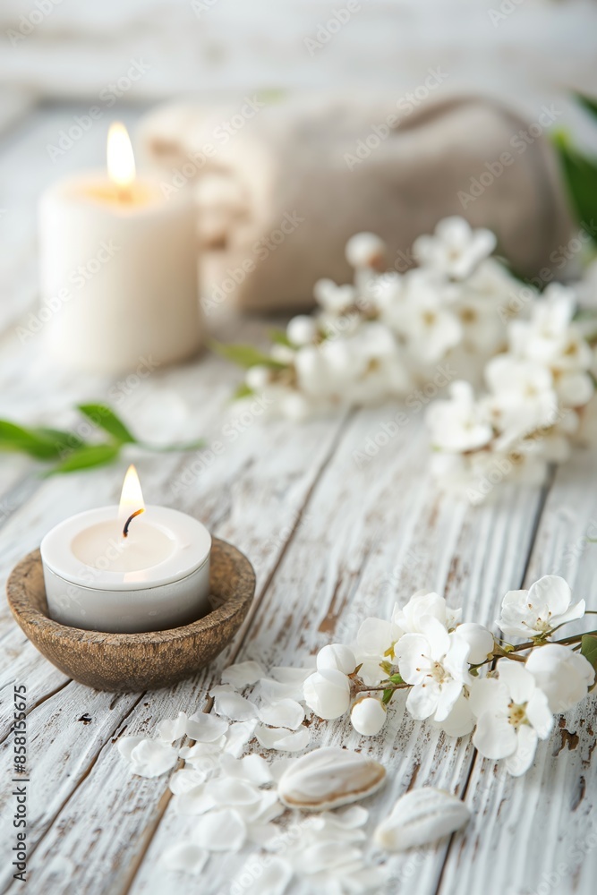 White blossoms, burning candles, and spa towels arranged on a rustic wooden surface, creating a tranquil and harmonious spa environment. White blossoms, burning candles, and spa towels arranged on a rustic wooden surface, creating a tranquil and harmonious spa environment.