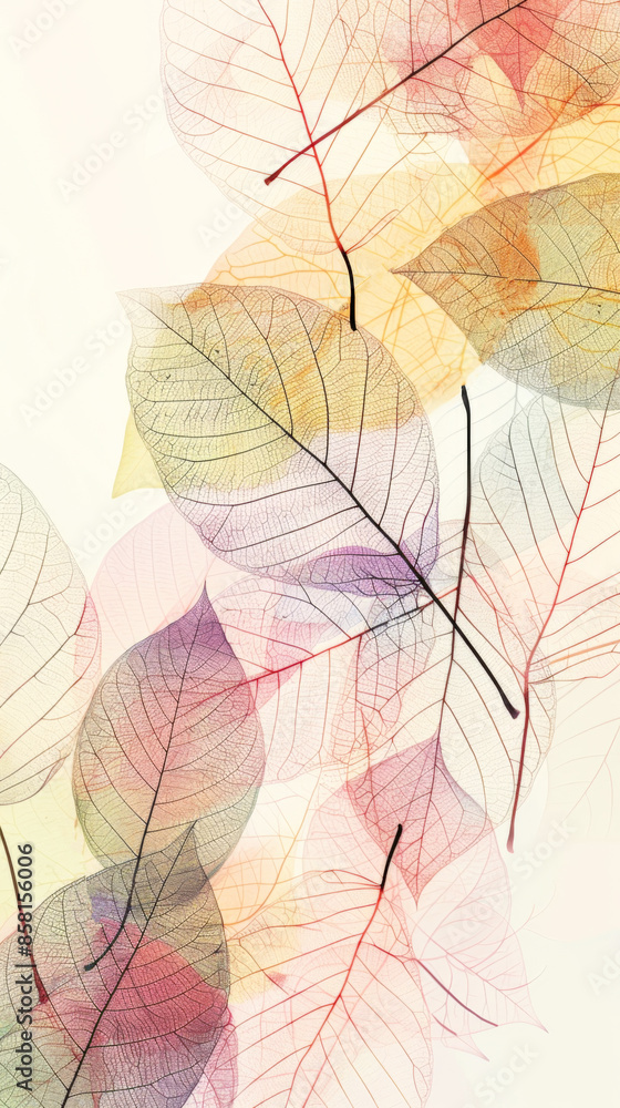 Obraz premium A collection of delicate, translucent leaves overlapping each other, painted in a variety of pastel hues, creating a soft, ethereal feel reminiscent of artistic elegance.