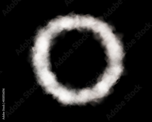 Fog or smoke, white ring of smog cloud, on isolated transparent special effect. Vector illustration, smoke cloud as ring, magic haze.	