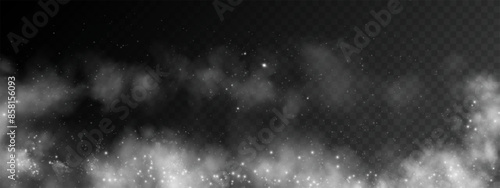 Fantastic smoke background. Magic smoke with glitter and small particles of twinkling stars, fog with glowing particles, gray vapor with stardust. Vector illustration.	
