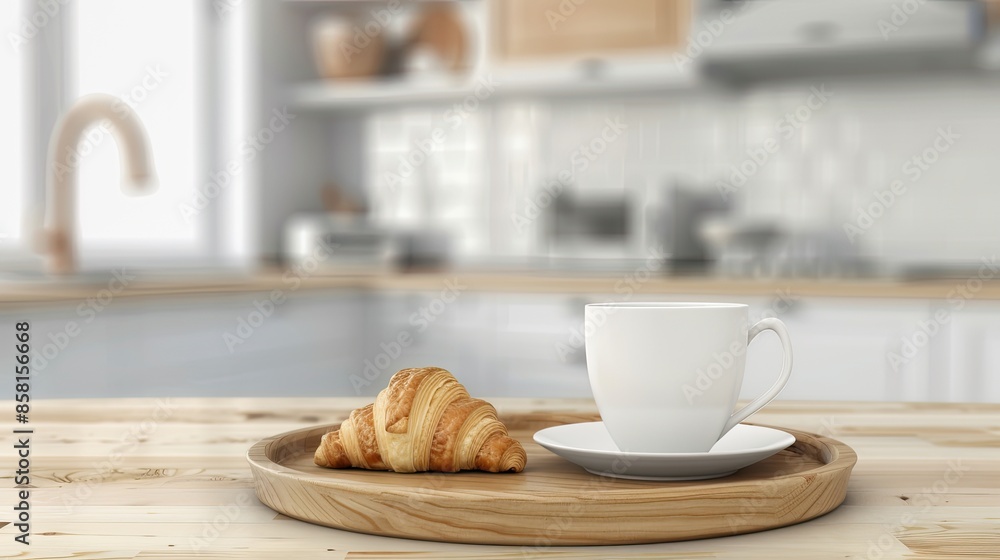 A white coffee mug and a croissant sit on a kitchen countertop with a checkered cloth A white coffee mug and a croissant sit on a kitchen countertop with a checkered cloth