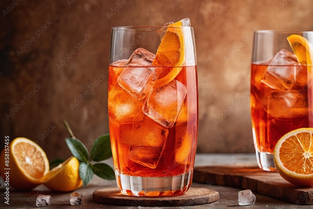 Fresh cold Aperol Spritz cocktail on brown background with copy space.Exotic tasty aperitif long drink with ice cubes. Refreshing mocktail in glass. Summer beach cocktail party with alcohol beverage. 