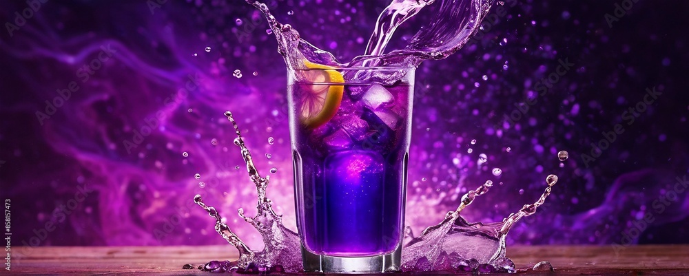 Glowing bright purple cold coctail with magic water splashing. Refreshing blueberry alcohol drink in glass. Long drink or summer cold mocktail. Parties and summer holidays, bar, menu, with copy space Glowing bright purple cold coctail with magic water splashing. Refreshing blueberry alcohol drink in glass. Long drink or summer cold mocktail. Parties and summer holidays, bar, menu, with copy space