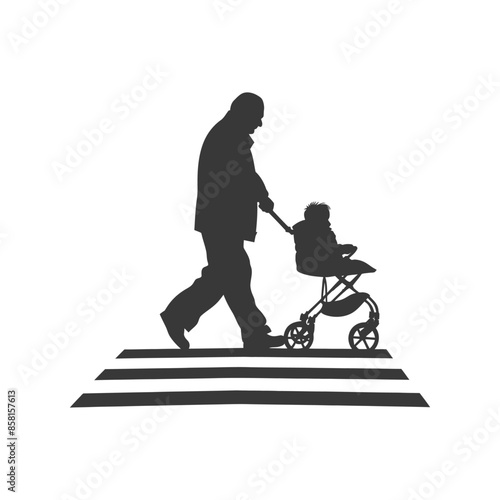 Silhouette: Grandfather Strolling Baby in Carriage Across Zebra Crossing.