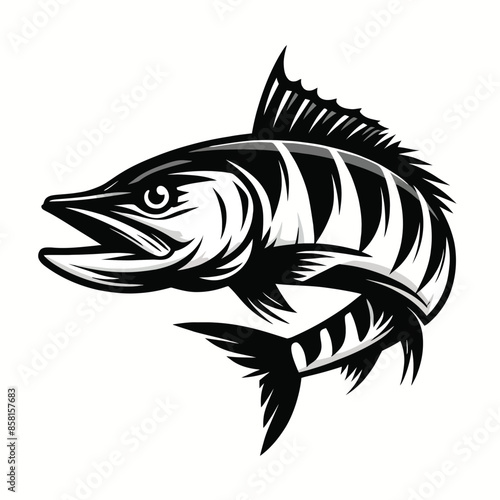 barracuda fish logo mascot in black and white silhouette