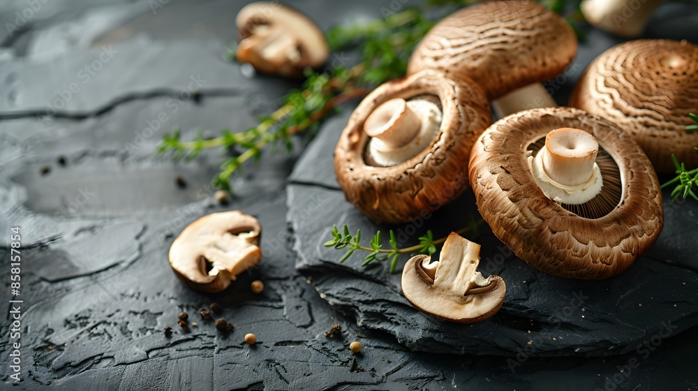 Fresh mushrooms on the table, arranged in an elegant display with one cut open to reveal its center and visible gills. The background is a dark gray stone for contrast against the brown cap. Fresh mushrooms on the table, arranged in an elegant display with one cut open to reveal its center and visible gills. The background is a dark gray stone for contrast against the brown cap.