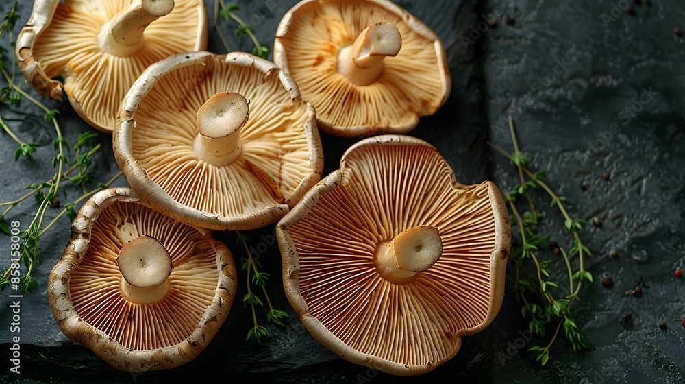 Fresh mushrooms on the table, arranged in an elegant display with one cut open to reveal its center and visible gills. The background is a dark gray stone for contrast against the brown cap. Fresh mushrooms on the table, arranged in an elegant display with one cut open to reveal its center and visible gills. The background is a dark gray stone for contrast against the brown cap.