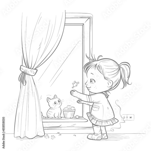 Sketch of a Little Girl and Kitten by a Window, Playful Moment.