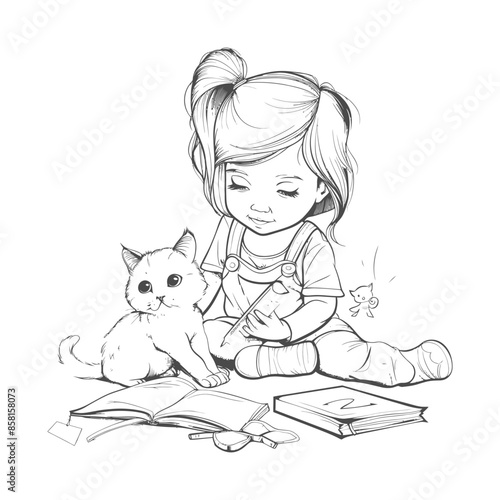 Girl reading with cat, crayon drawing, sketch style.