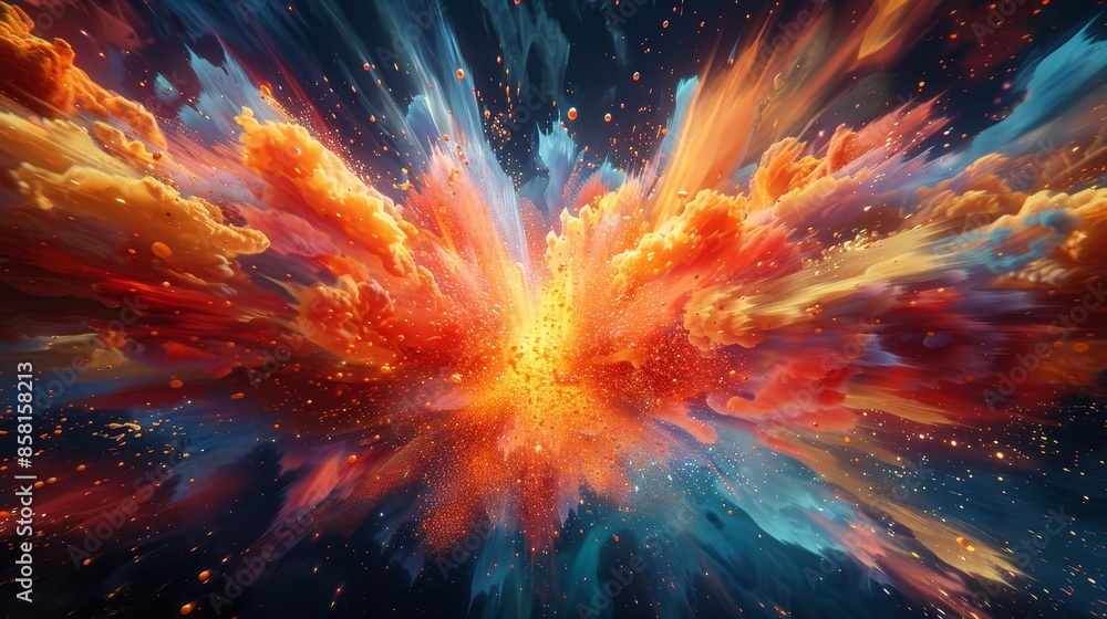 A colorful explosion in space with a bright orange and blue cloud A colorful explosion in space with a bright orange and blue cloud