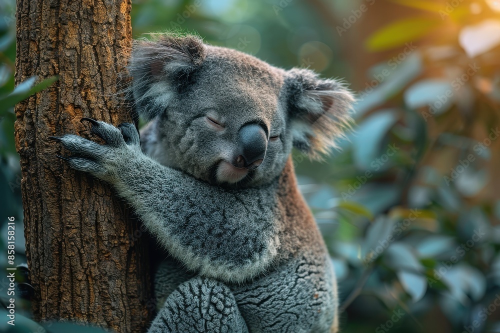 Fototapeta premium A sleepy koala bear hugging the trunk of a eucalyptus tree, with its eyes half-closed and one ear twitching