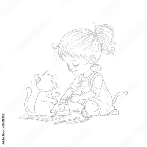 Line Art: Little Girl and Kitten Sharing Crayons, Childhood Friends.