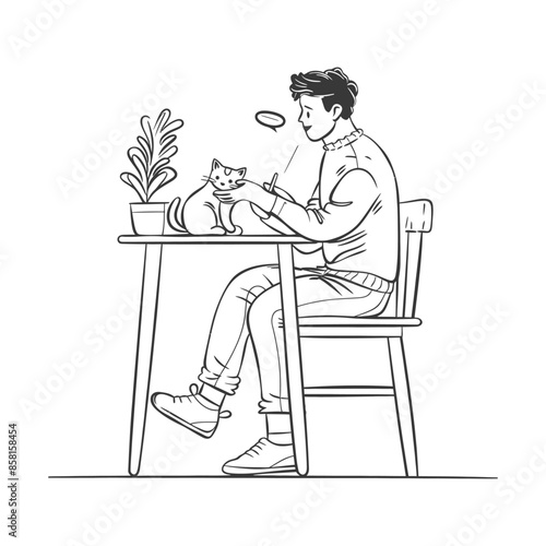 Sketch of man drawing with cat, indoor plant on table, cozy minimalist home office illustration.