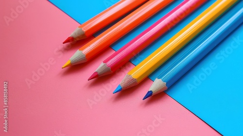 A row of colorful pencils on a pink background
