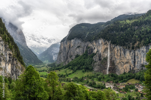 Lauterbrunnen town and Staubbach Waterfall