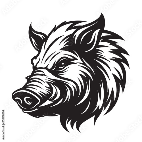 Vector of black and white illustration of a wild boar's head. Aggressive look in its eyes, strong and detailed snout. Wildlife Animals.