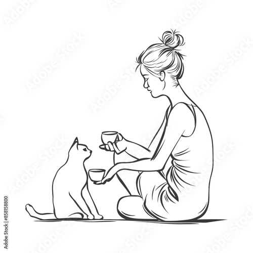 Sketch: Woman & Cat Tea Time, Serene Moment, Simple Line Art.