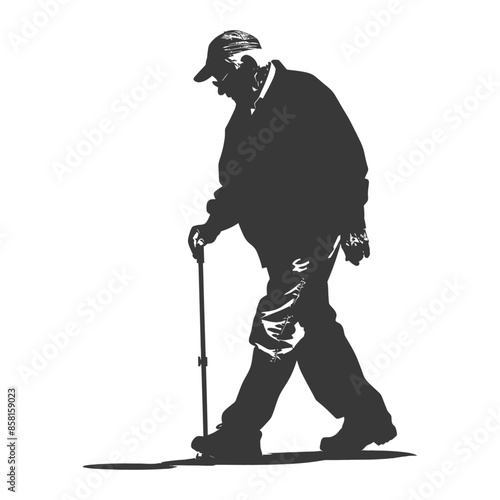 Monochrome Silhouette: Elderly Man Walking with Cane, Head Down.