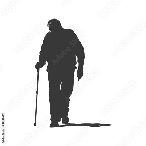 Silhouette of Elderly Man Walking with Cane, Isolated on White