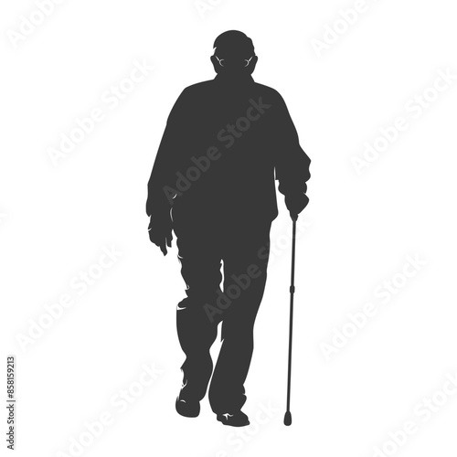 Silhouette of Elderly Man Walking with Cane, Isolated on White.