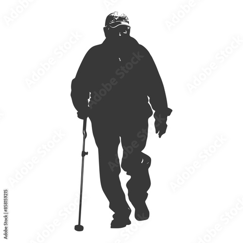 Silhouette Walker: Senior Man, Hiking Stick, Isolated on White.