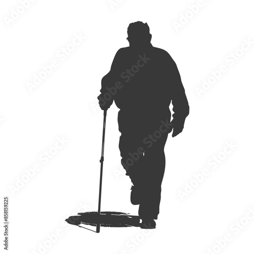 Silhouette of Elderly Man Walking with Cane, Isolated on White.