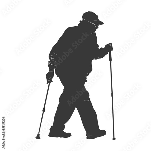 Silhouette Hiker: Elderly Man Trekking with Poles on White.