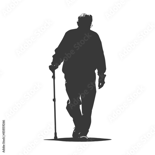 Silhouette of Elderly Man Walking with Cane Against White Background.