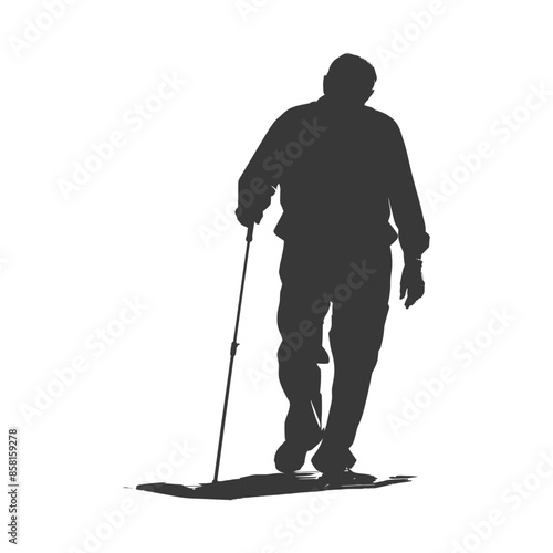 Silhouetted Snowshoer: Back View, Winter Trekking, Isolated on White.