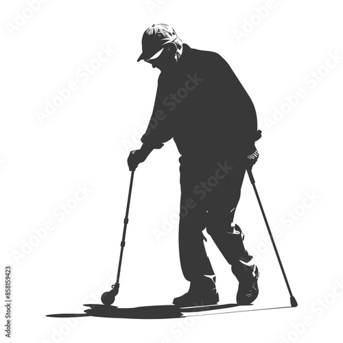 Silhouette of Elderly Man Walking with Two Canes, Isolated on White.